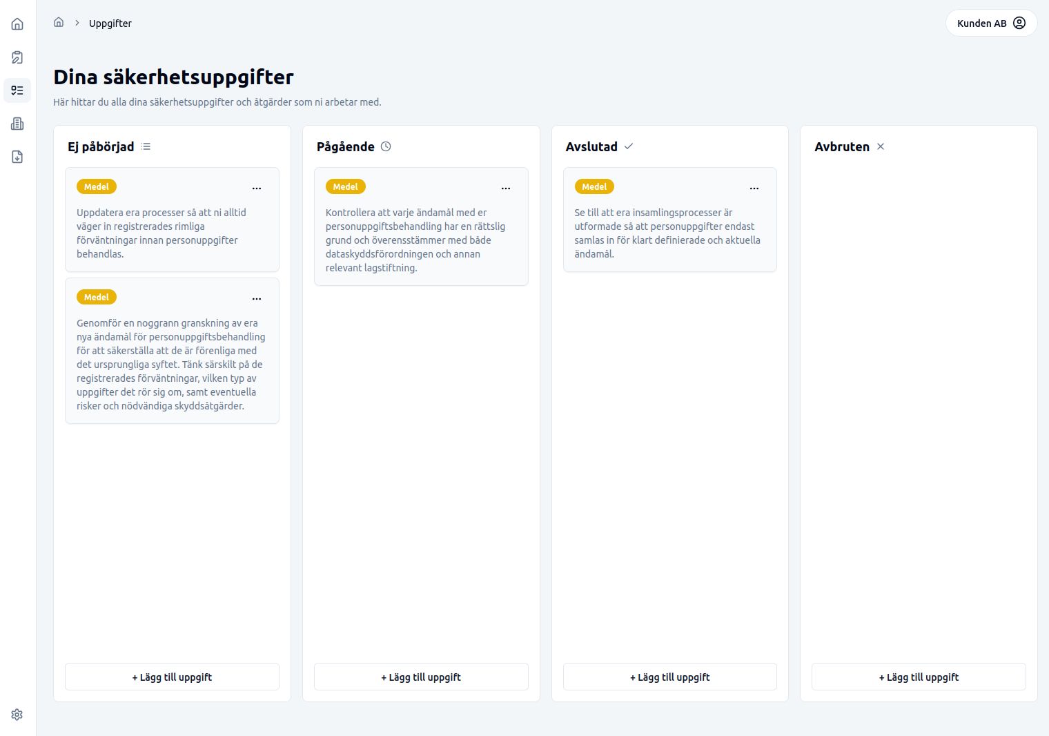 ChainSecs åtgärdstavla för uppföljning av åtgärder