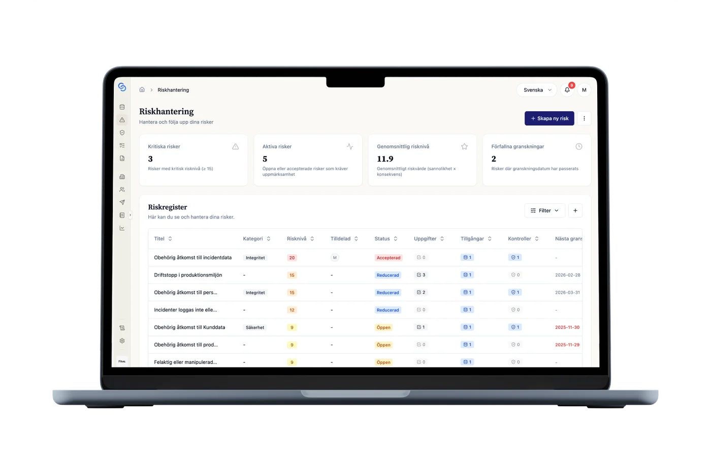 Riskregistret i ChainSec med riskbedömningar och kopplingar till tillgångar och åtgärder.