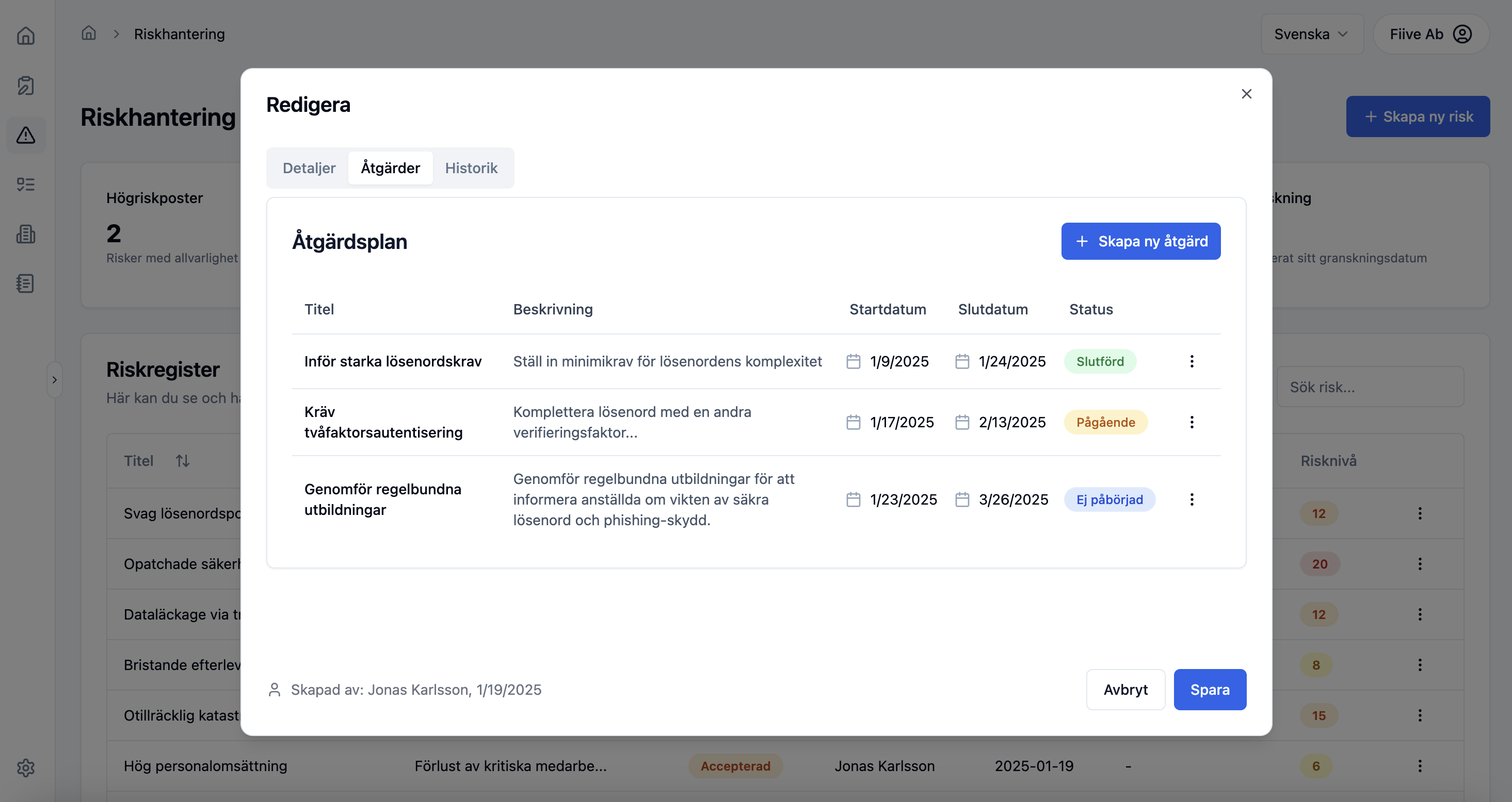 ChainSec risk actions med koppling mellan risker och aktiviteter