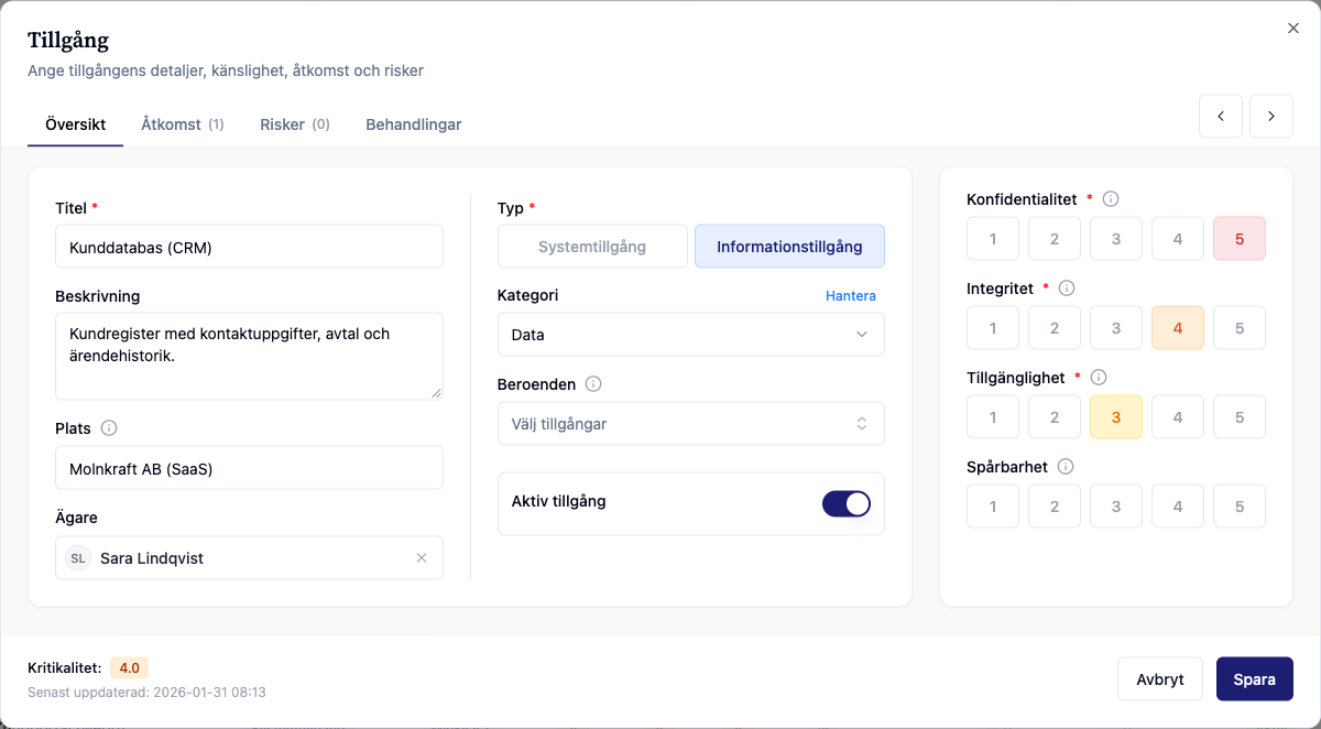 Informationstillgången Kunddatabas CRM i ChainSec med ägare och klassningsvärden