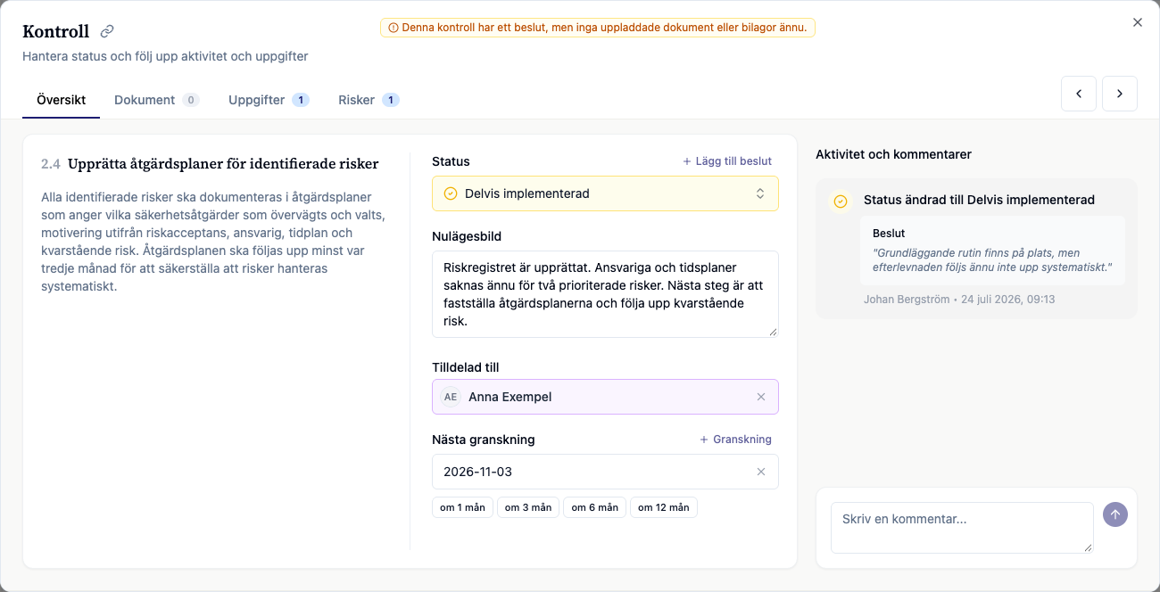 NIS2-kontroll i ChainSec med delvis implementerad status, nulägesbild och ansvarig