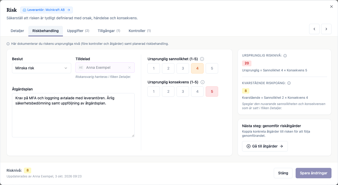 Riskbehandling i ChainSec med åtgärdsplan, ansvarig samt ursprunglig och kvarstående risk