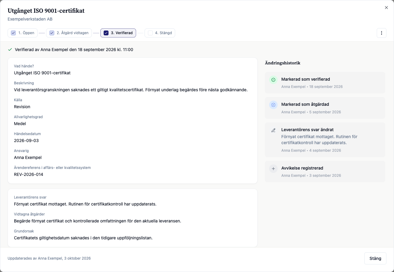 Verifierad leverantörsavvikelse i ChainSec med svar, rotorsak och ändringshistorik