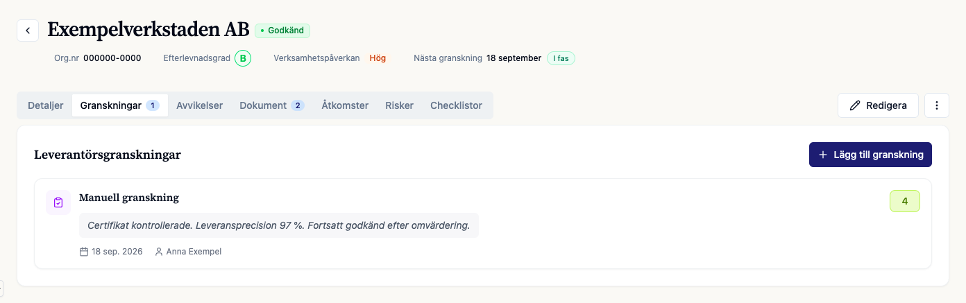 En genomförd manuell granskning och godkännandestatus för den fiktiva leverantören Exempelverkstaden i ChainSec